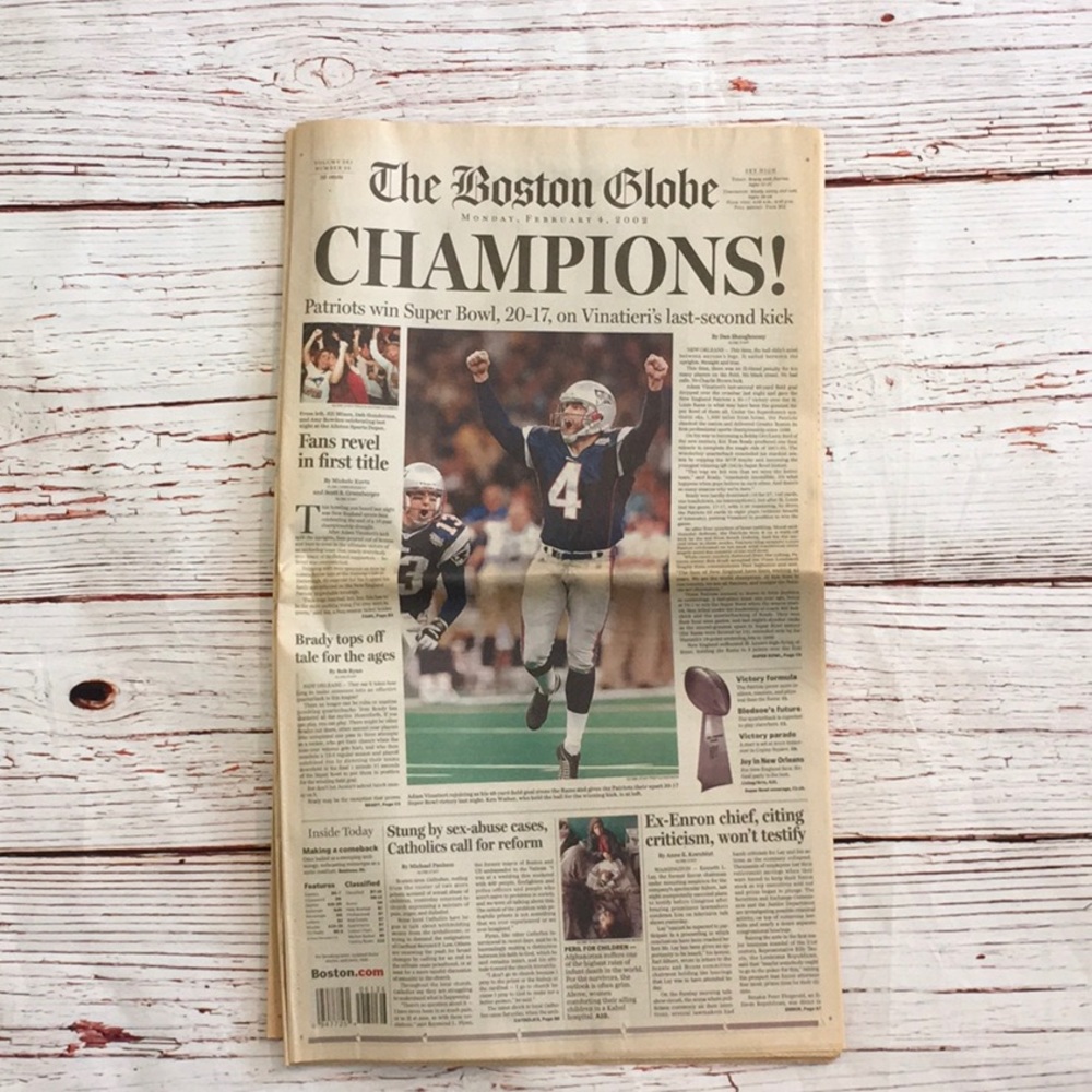 ‘02 Super Bowl Newspaper, NE Patriots Win